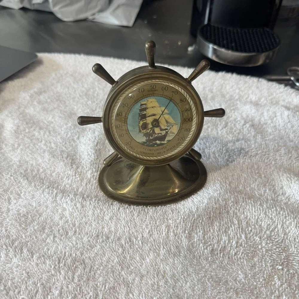 Vintage 60's Brass Ship Wheel Advertising Desk Thermometer Fred C Schuepper